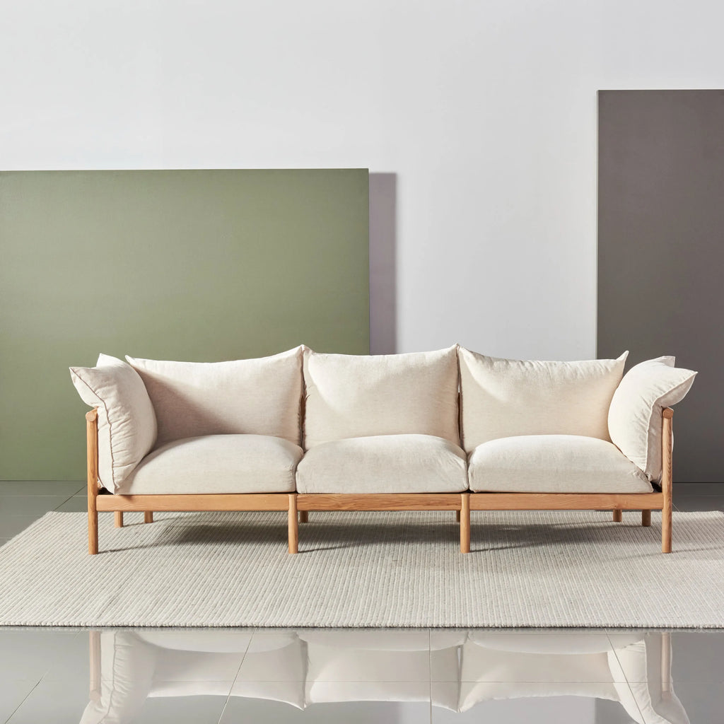 Olivia Sofa 3-Seater Sand Beige Velvet Solid American Oak