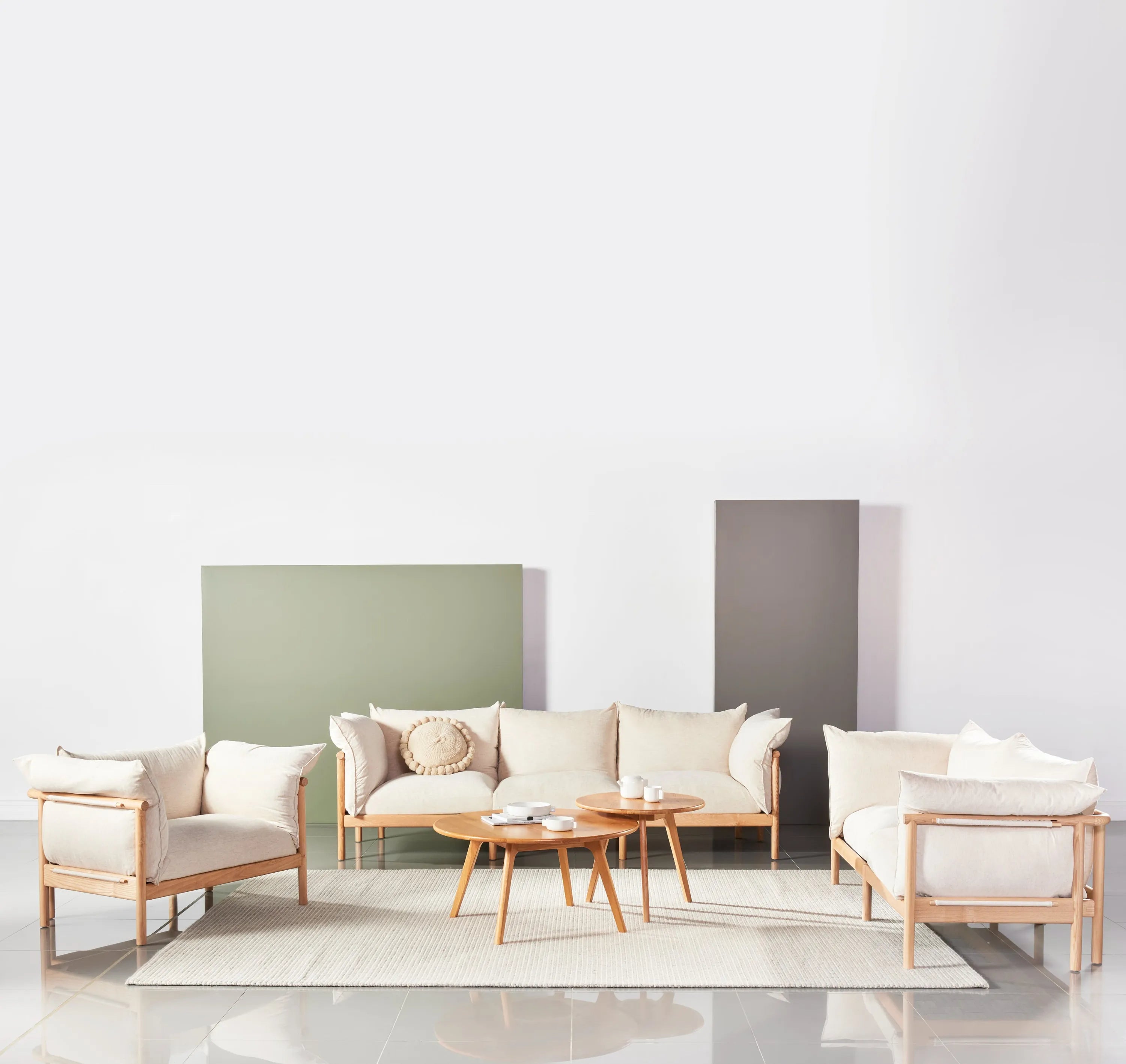 Olivia Sofa 3-Seater Sand Beige Velvet Solid American Oak