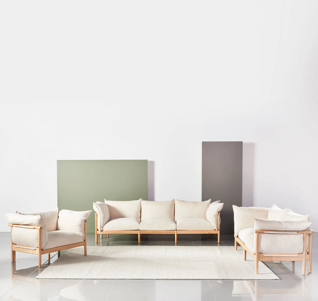 Olivia Sofa 3-Seater Sand Beige Velvet Solid American Oak