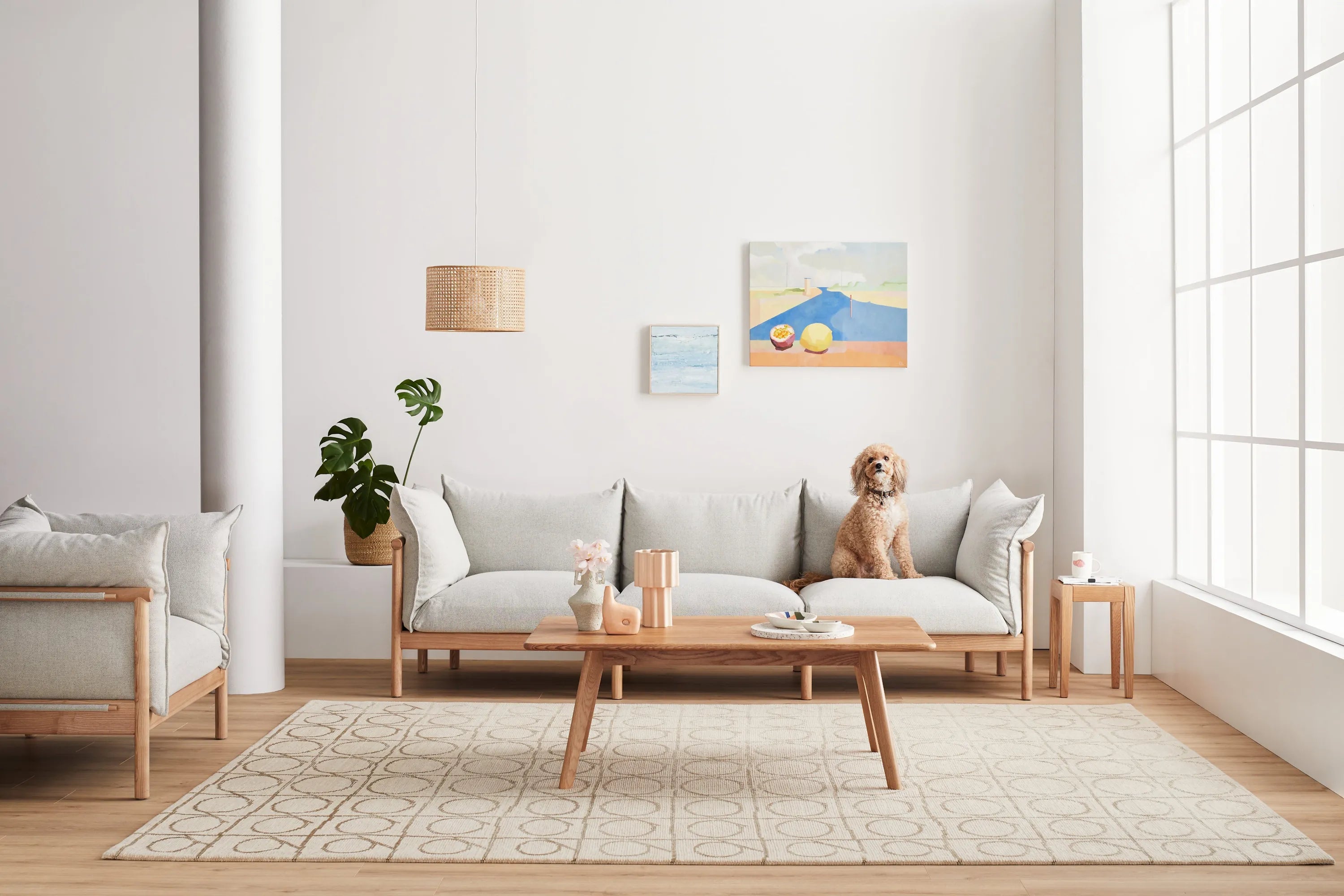 Olivia Sofa 3-Seater Soft Gray Fabric Solid American Oak