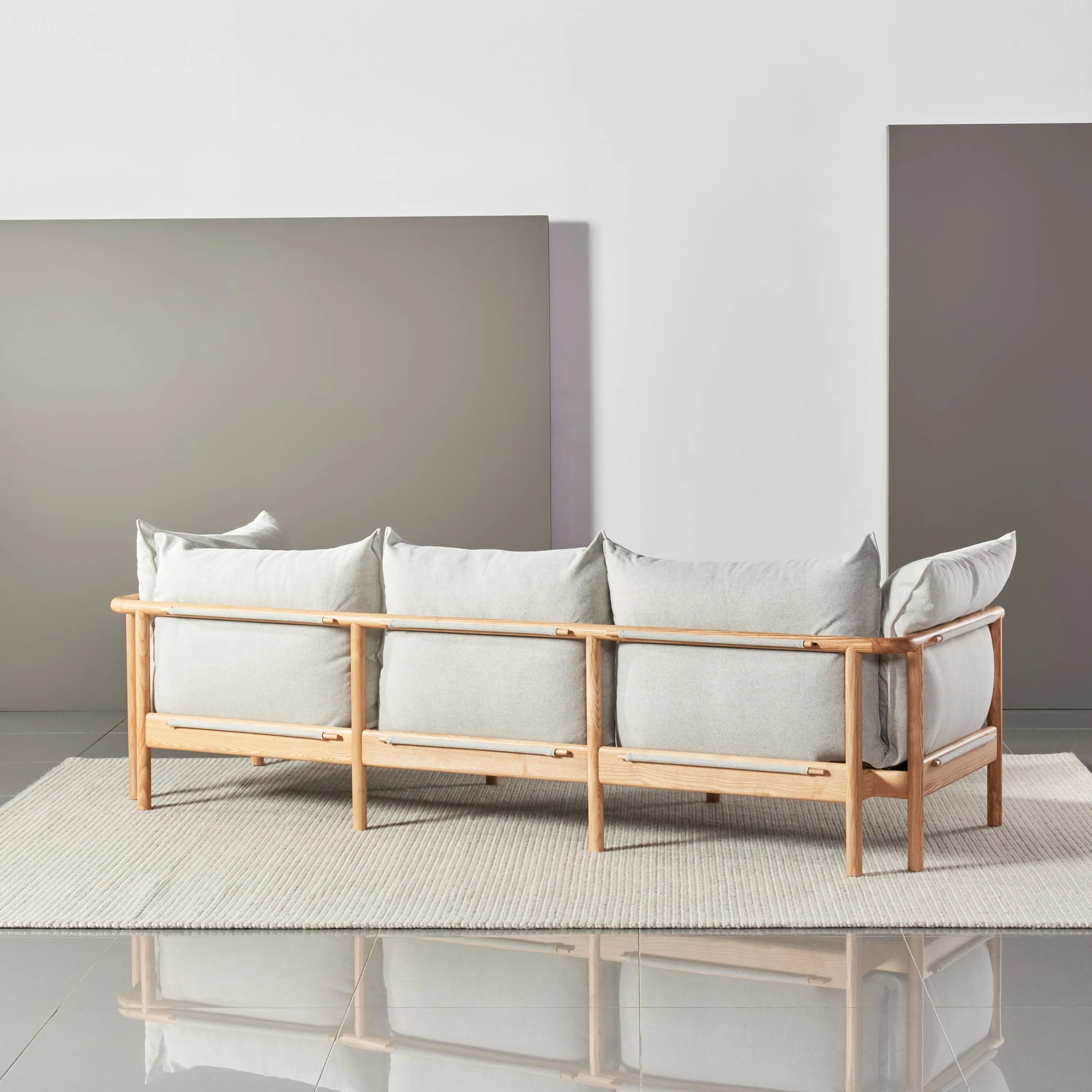 Olivia Sofa 3-Seater Soft Gray Fabric Solid American Oak