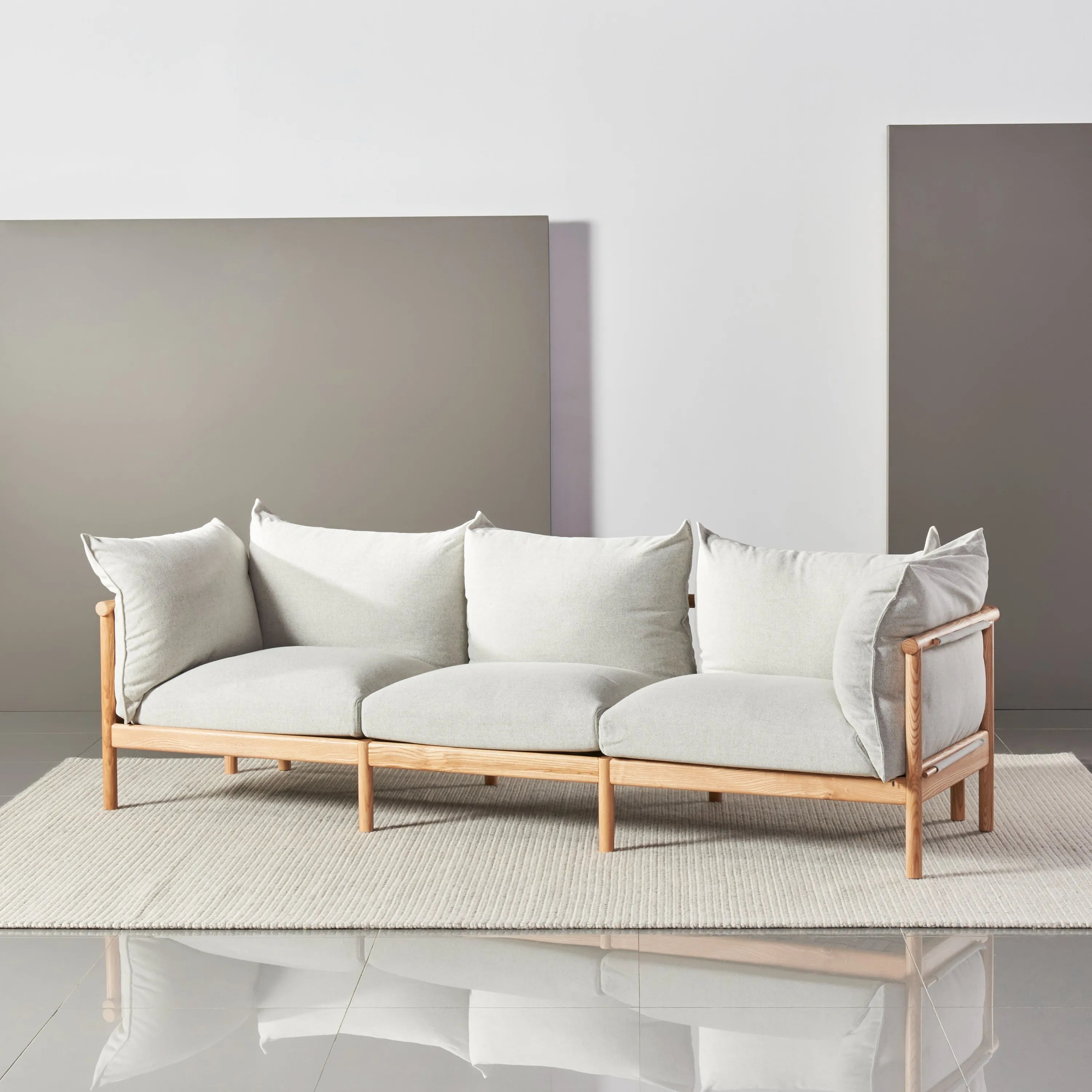 Olivia Sofa 3-Seater Soft Gray Fabric Solid American Oak