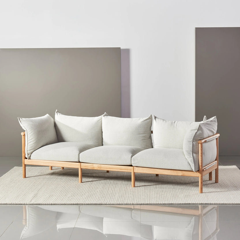 Olivia Sofa 3-Seater Soft Gray Fabric Solid American Oak