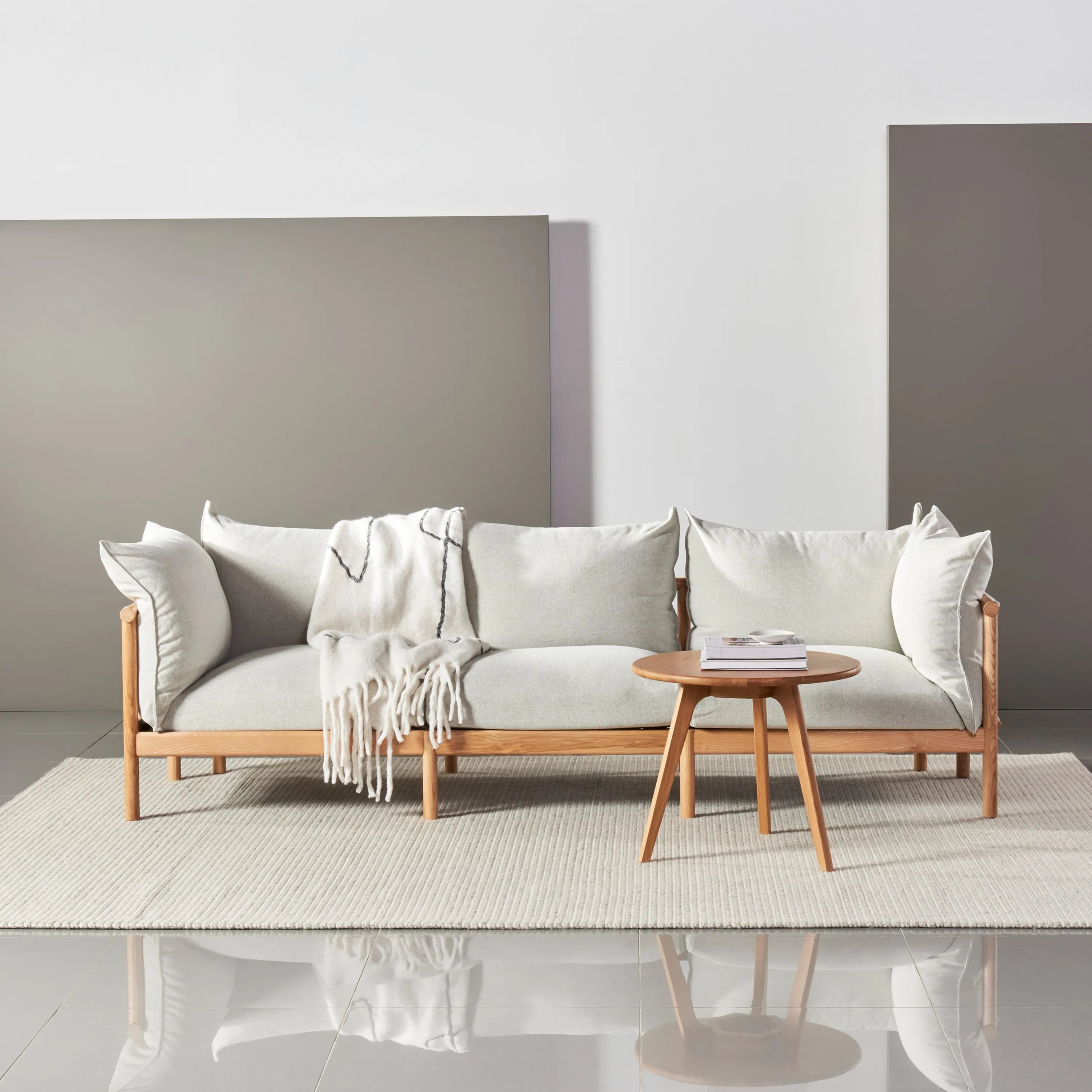 Olivia Sofa 3-Seater Soft Gray Fabric Solid American Oak