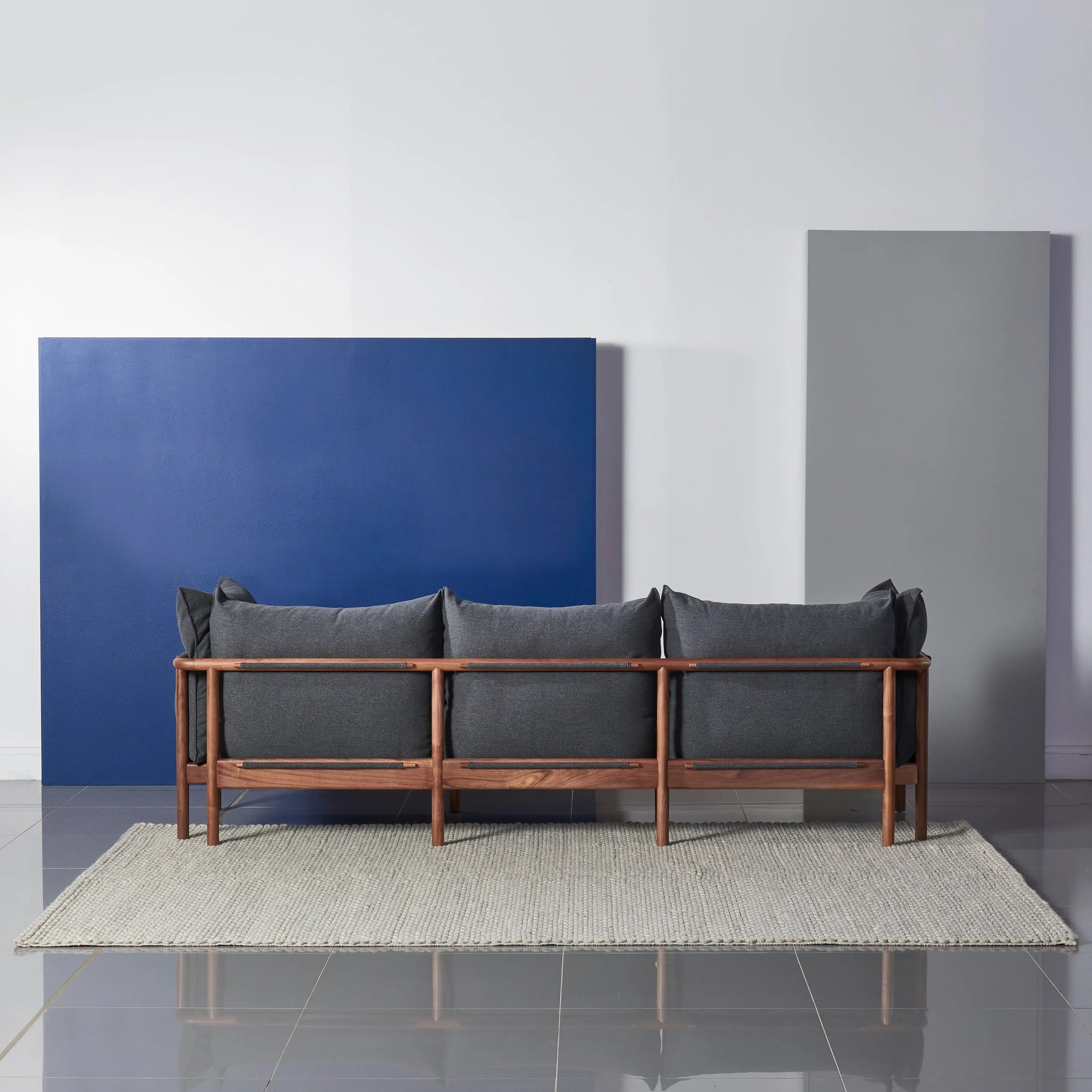 Olivia Sofa 3-Seater Granite Gray Fabric Solid American Walnut