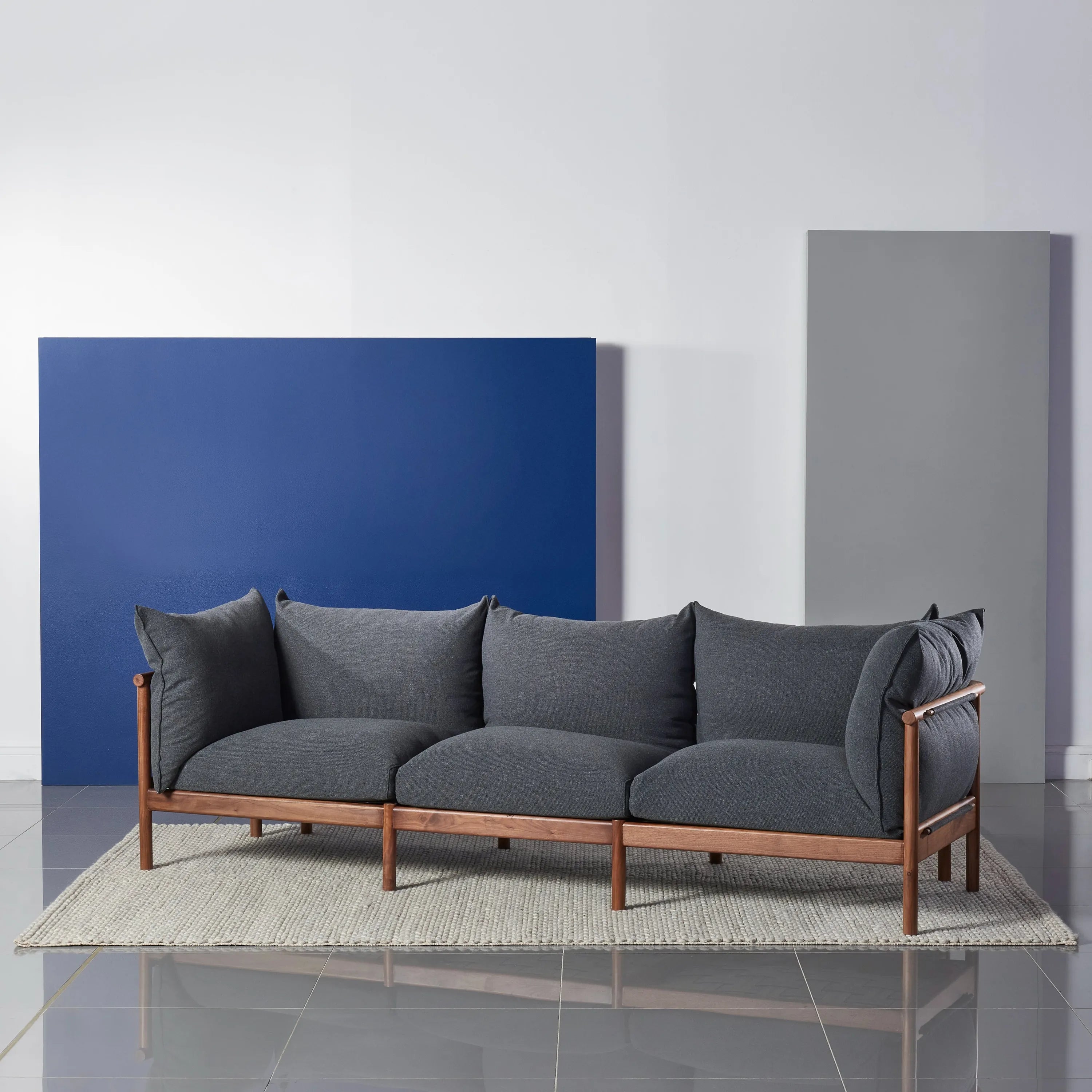 Olivia Sofa 3-Seater Granite Gray Fabric Solid American Walnut