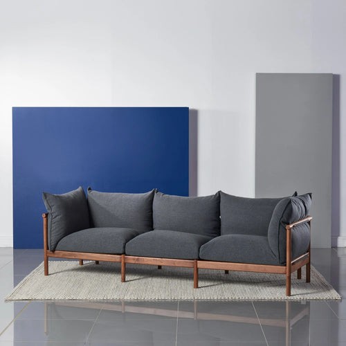 Olivia Sofa 3-Seater Granite Gray Fabric Solid American Walnut