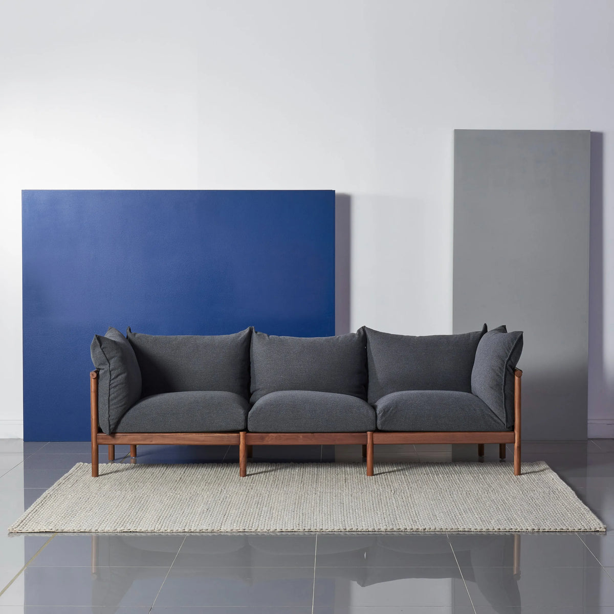 Olivia Sofa 3-Seater Granite Gray Fabric Solid American Walnut