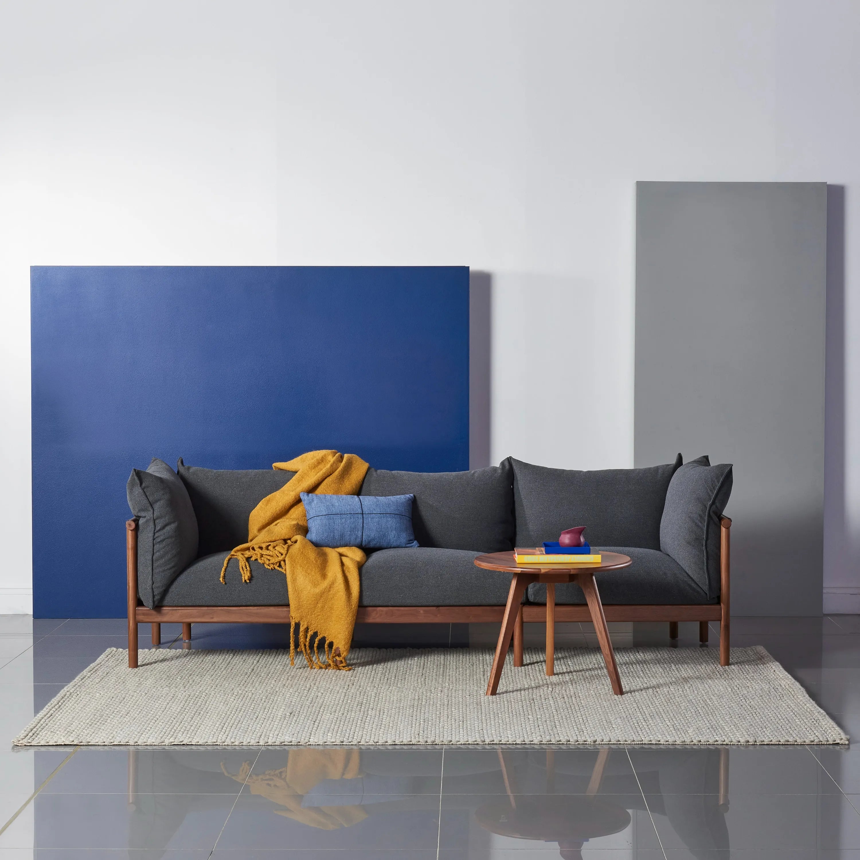 Olivia Sofa 3-Seater Granite Gray Fabric Solid American Walnut