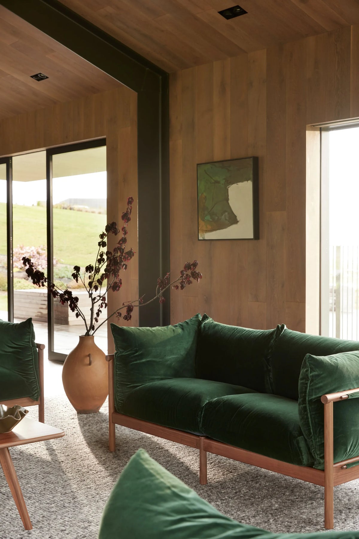 Olivia Sofa 3-Seater Racing Green Velvet Solid American Walnut