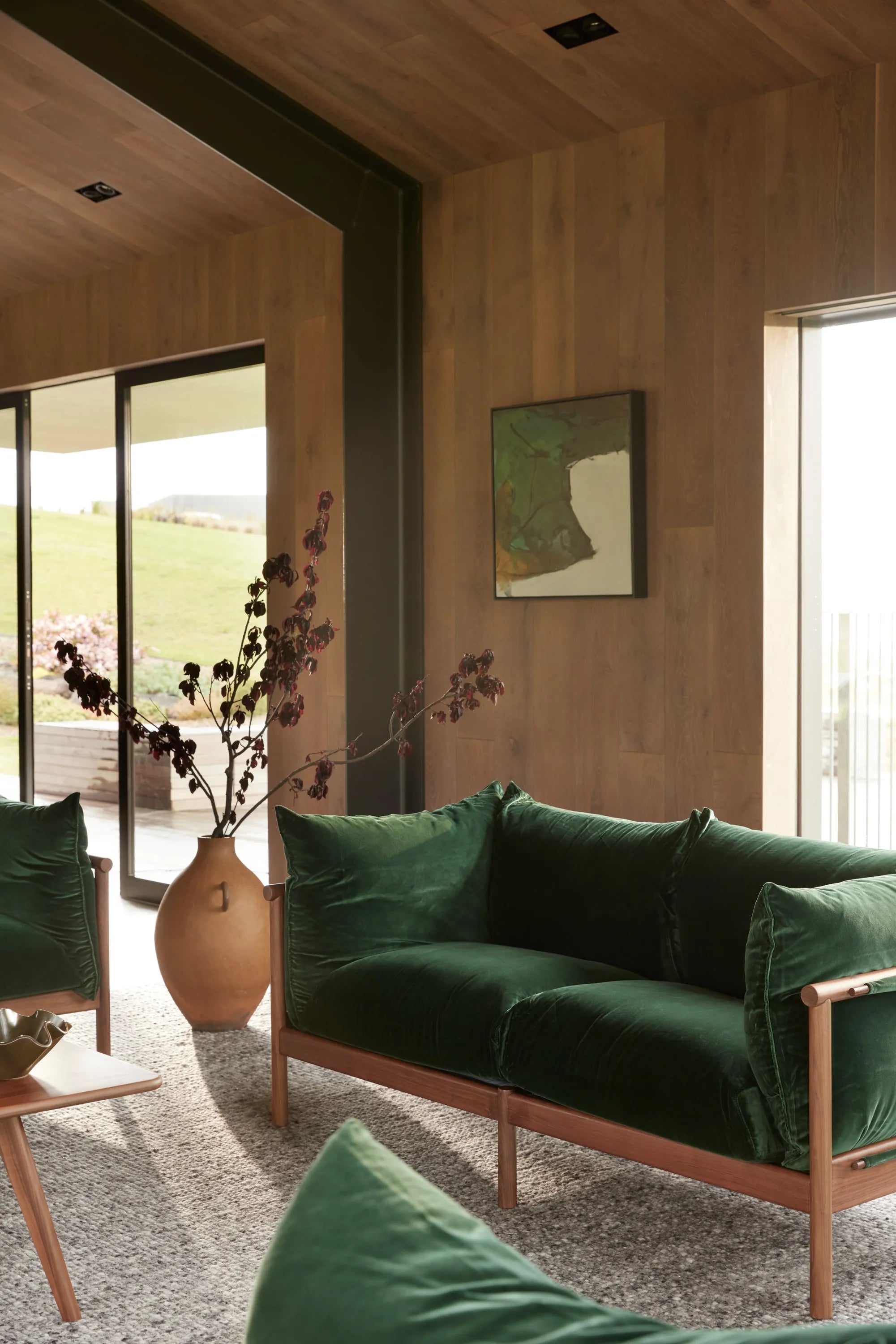 Olivia Sofa 3-Seater Racing Green Velvet Solid American Walnut