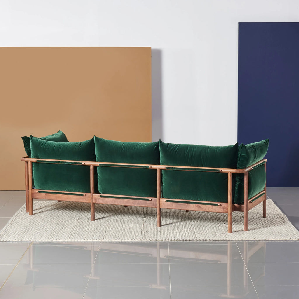 Olivia Sofa 3-Seater Racing Green Velvet Solid American Walnut