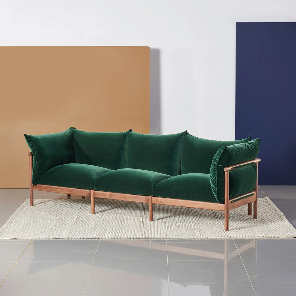 Olivia Sofa 3-Seater Racing Green Velvet Solid American Walnut