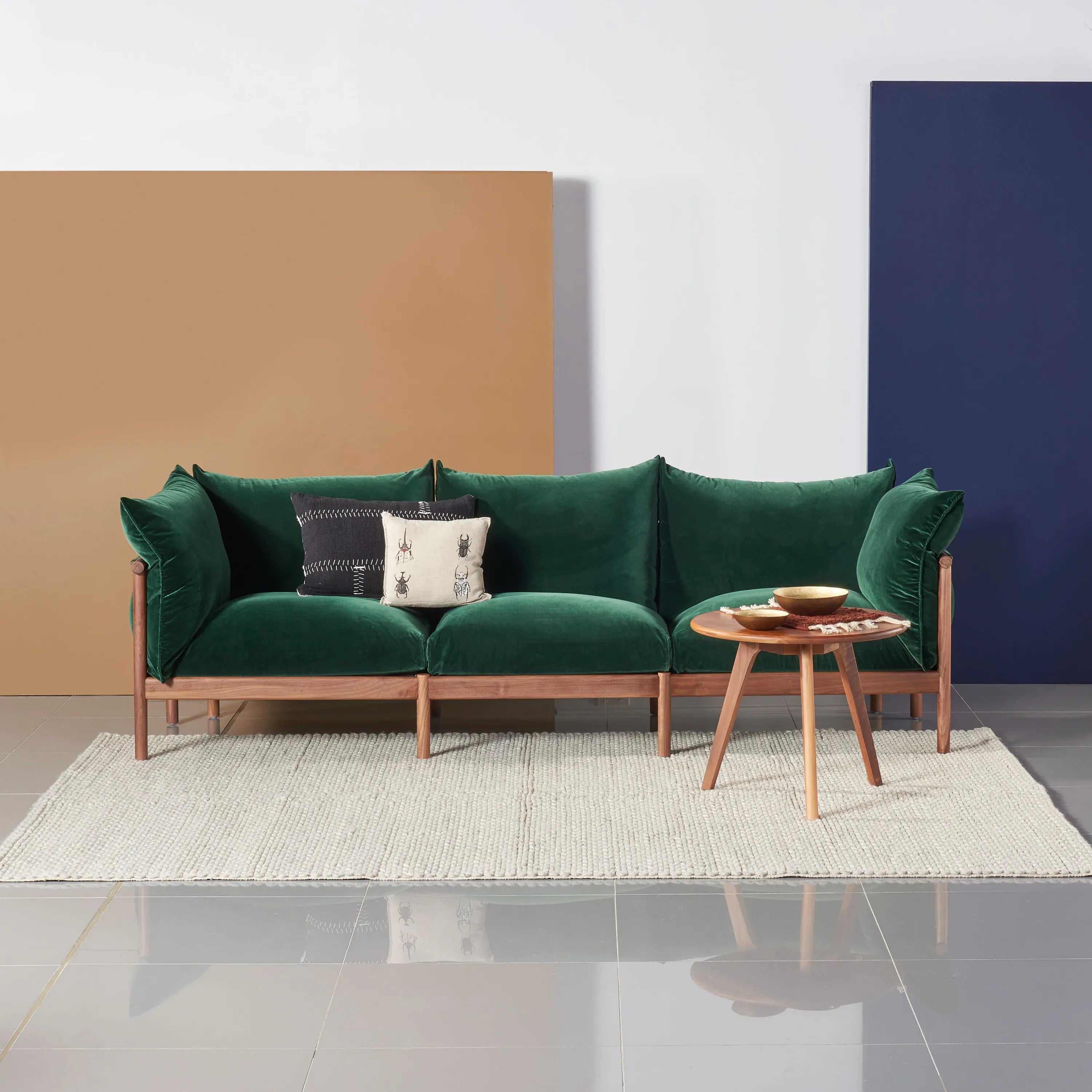 Olivia Sofa 3-Seater Racing Green Velvet Solid American Walnut