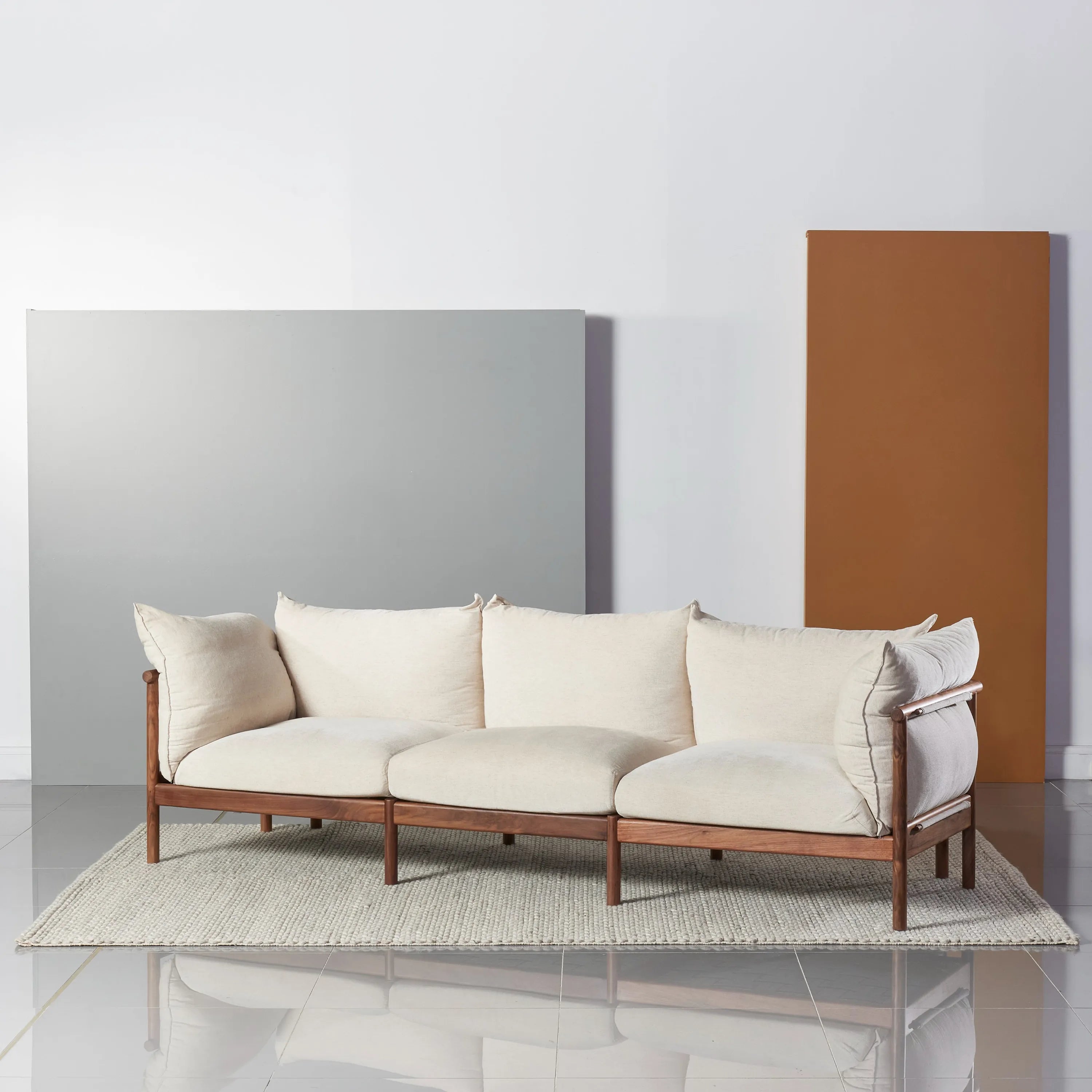 Olivia Sofa 3-Seater Sand Beige Velvet Solid American Walnut