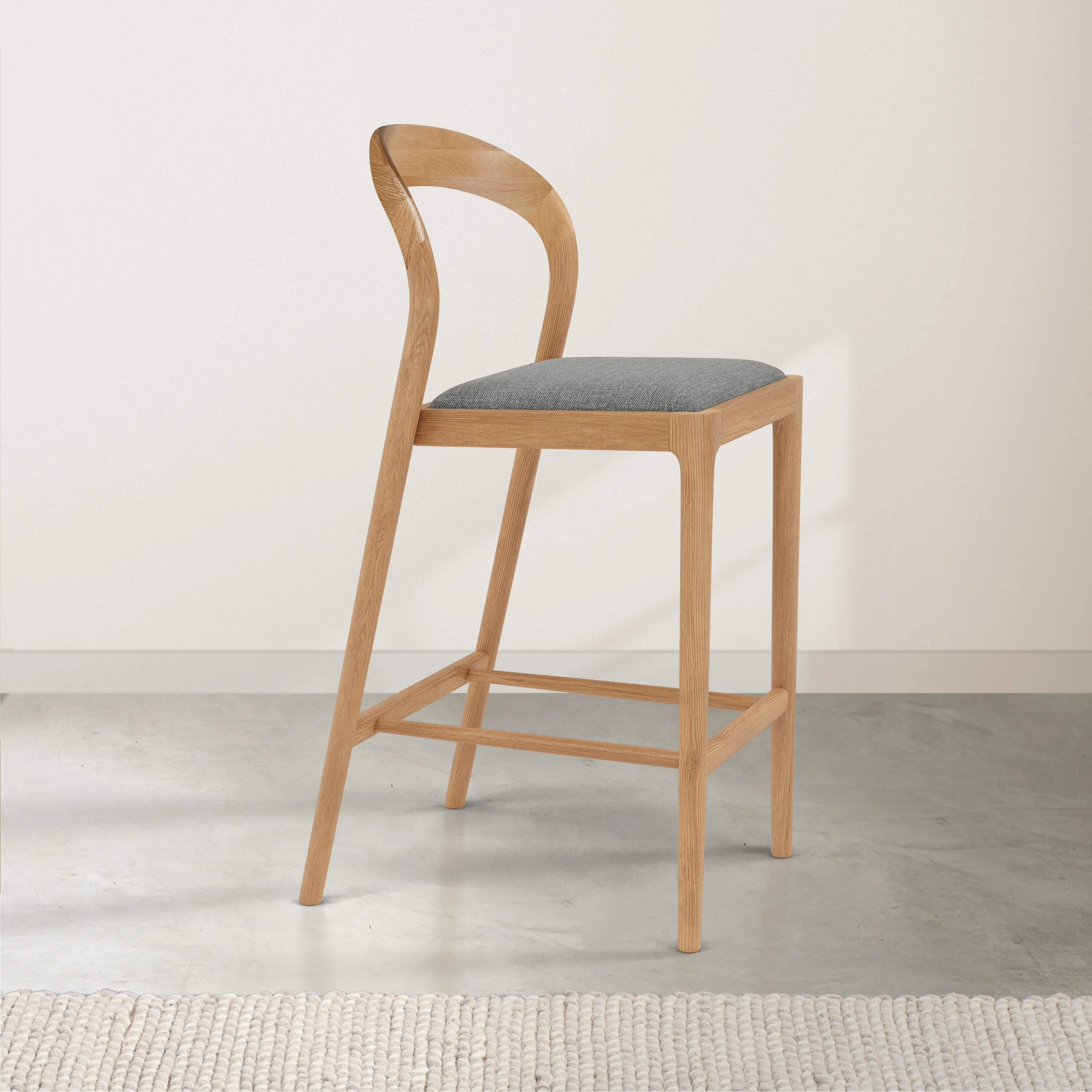 Sara Counter Stool Pewter Gray Fabric Solid American Oak