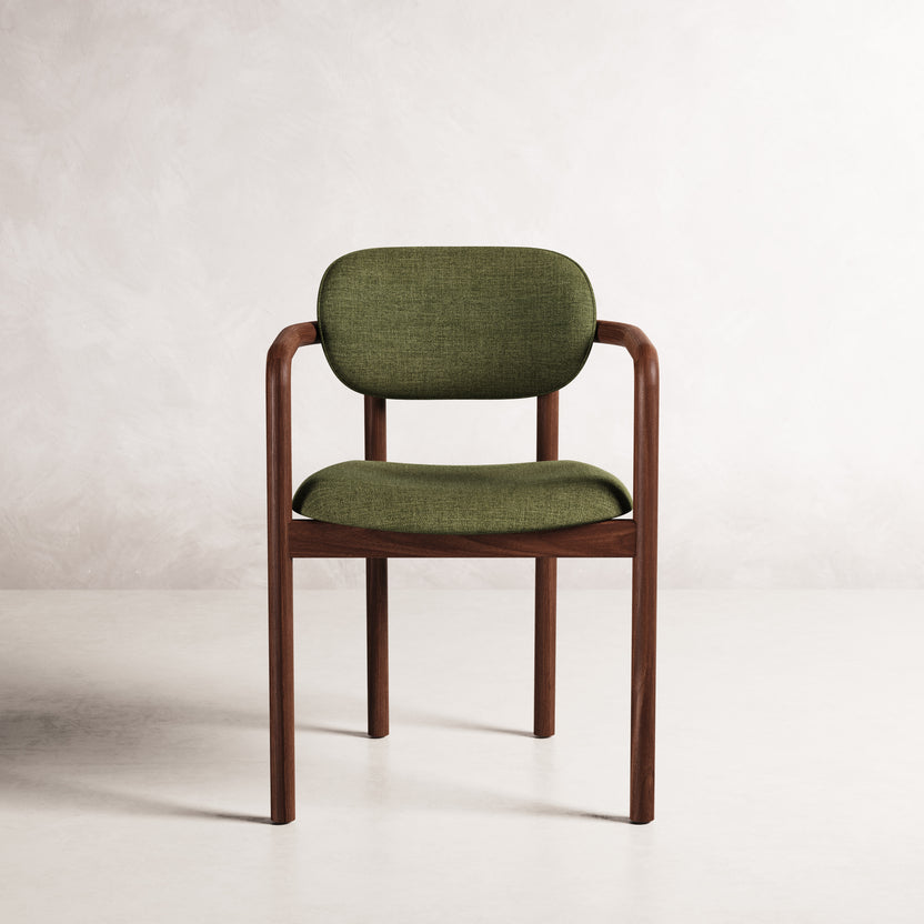 Lando Dining Chair - Solid American Walnut with Aloe Green Fabric | 360 View - Frame 34