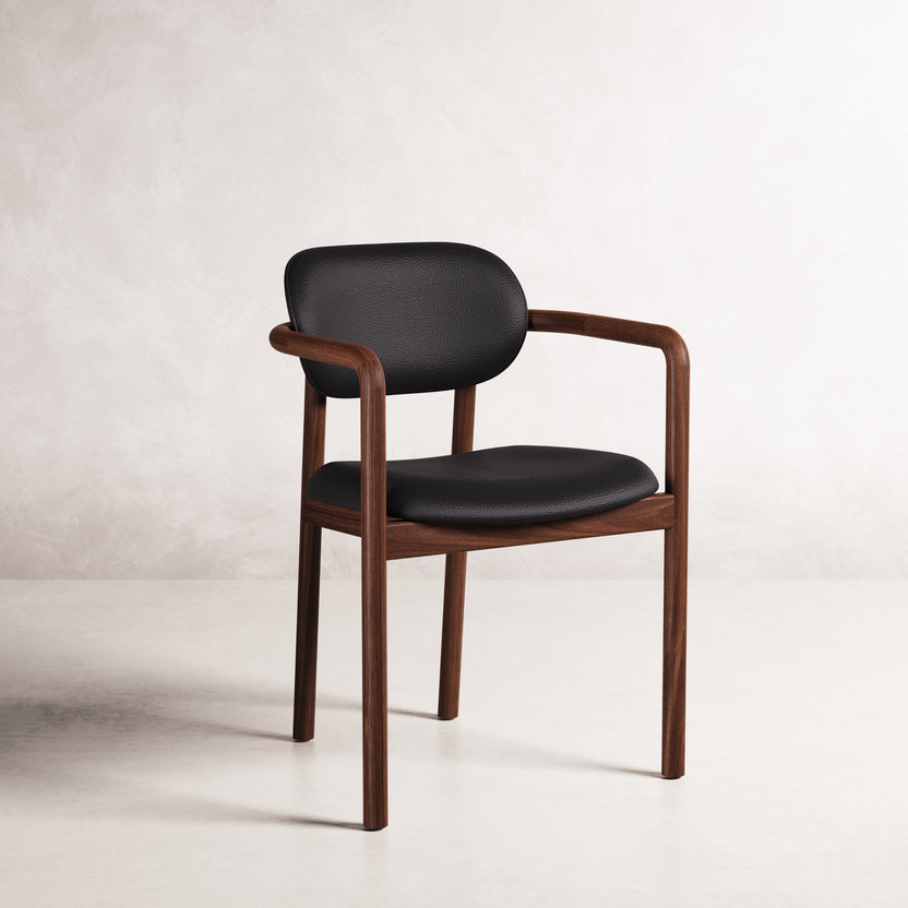 Lando Dining Chair - Solid American Walnut with Black Leather | 360 View - Frame 1