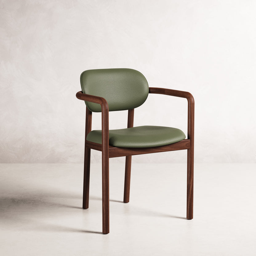Lando Dining Chair - Solid American Walnut with Green Leather | 360 View - Frame 1