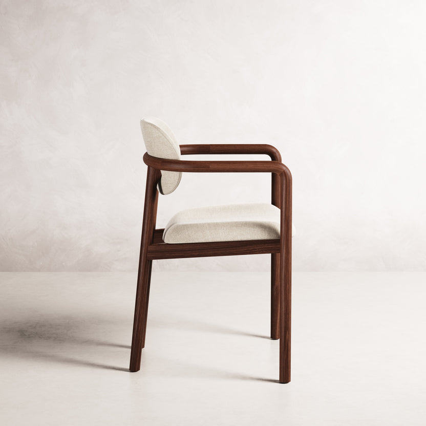 Lando Dining Chair - Solid American Walnut with Oatmeal Beige Fabric | 360 View - Frame 7