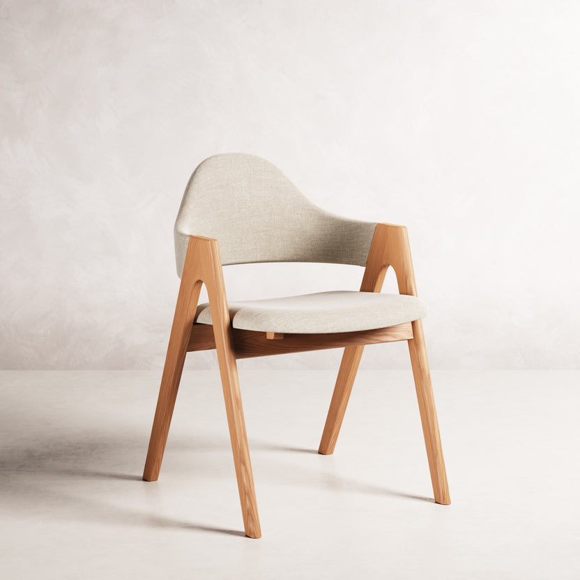 Nestor II Dining Chair - Solid American Oak with Oatmeal Beige Fabric | 360 View - Frame 1