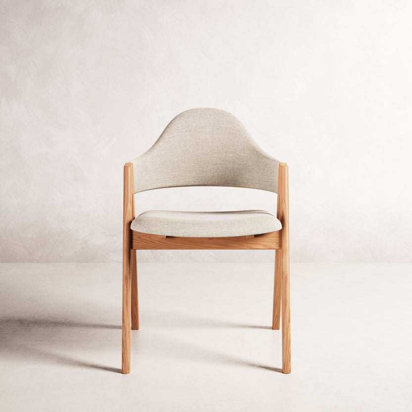 Nestor II Dining Chair - Solid American Oak with Oatmeal Beige Fabric | 360 View - Frame 34