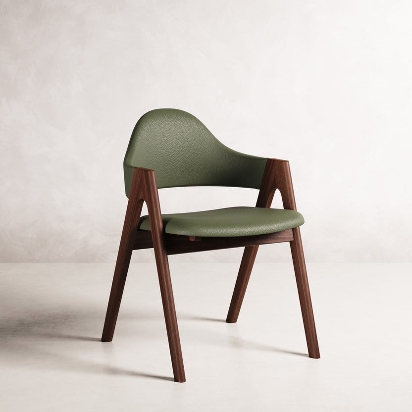 Nestor II Dining Chair - Solid American Walnut with Green Leather | 360 View - Frame 1