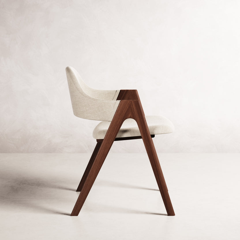 Nestor II Dining Chair - Solid American Walnut with Oatmeal Beige Fabric | 360 View - Frame 7
