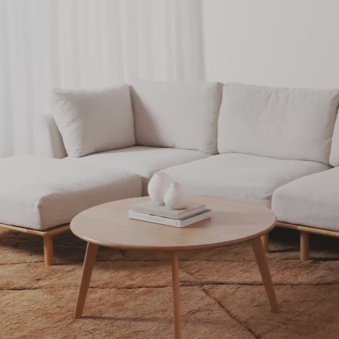 Anika Modular Sofa 3-Seater Chaise Ivory Beige Fabric Solid American Oak